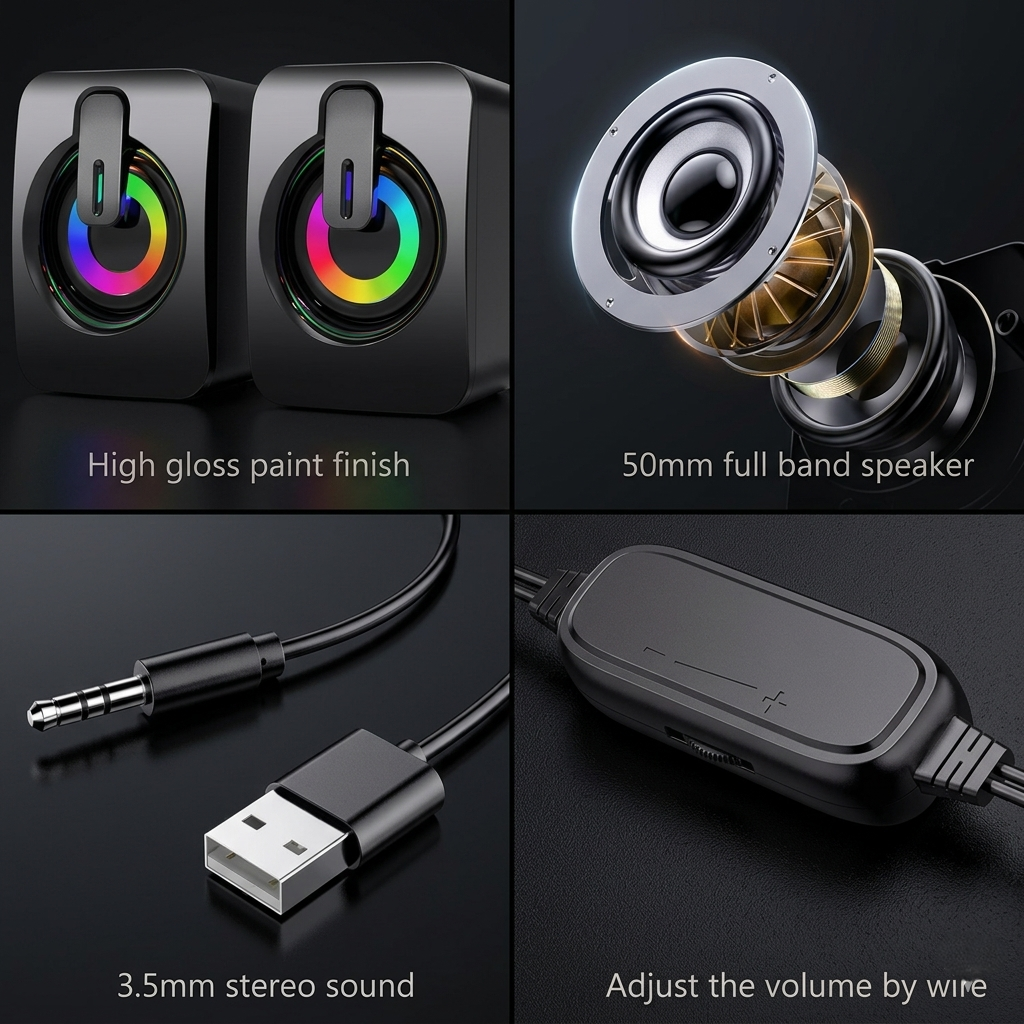 RGB Gaming Speakers for PC, HIFI Stereo Sound Box with LED Light & Microphone