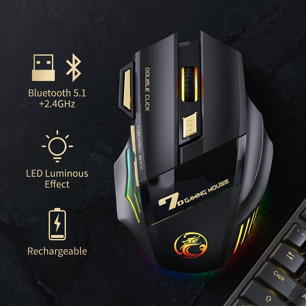 Rechargeable Silent Click Bluetooth Gaming Mouse with 2.4GHz USB