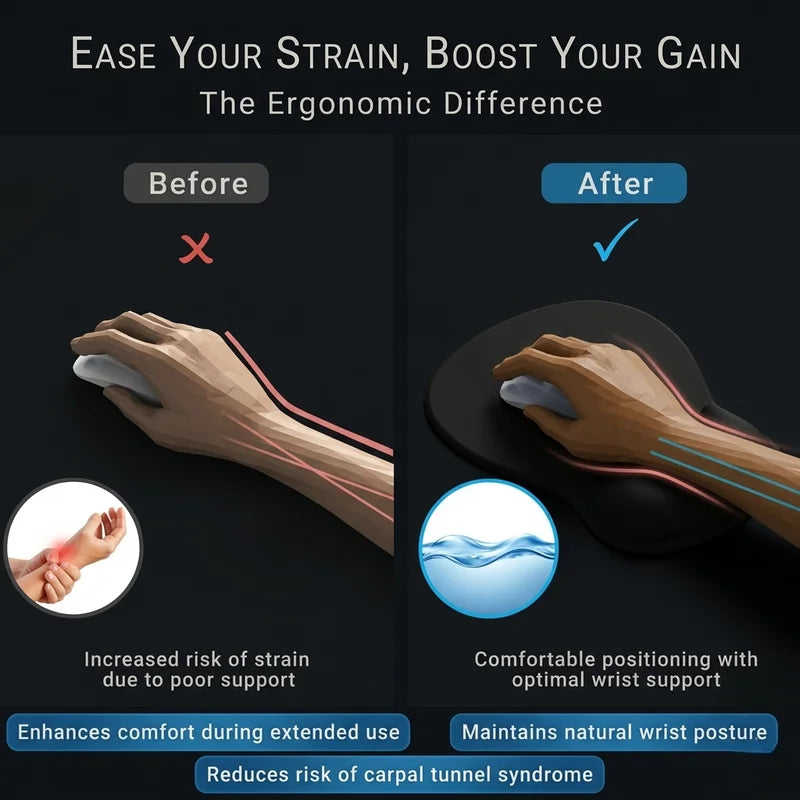 Ergonomic product comparison showing a hand using a mouse with and without support, highlighting comfort and strain reduction.