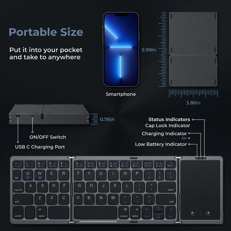 Portable keyboard with smartphone and measurements on a dark background