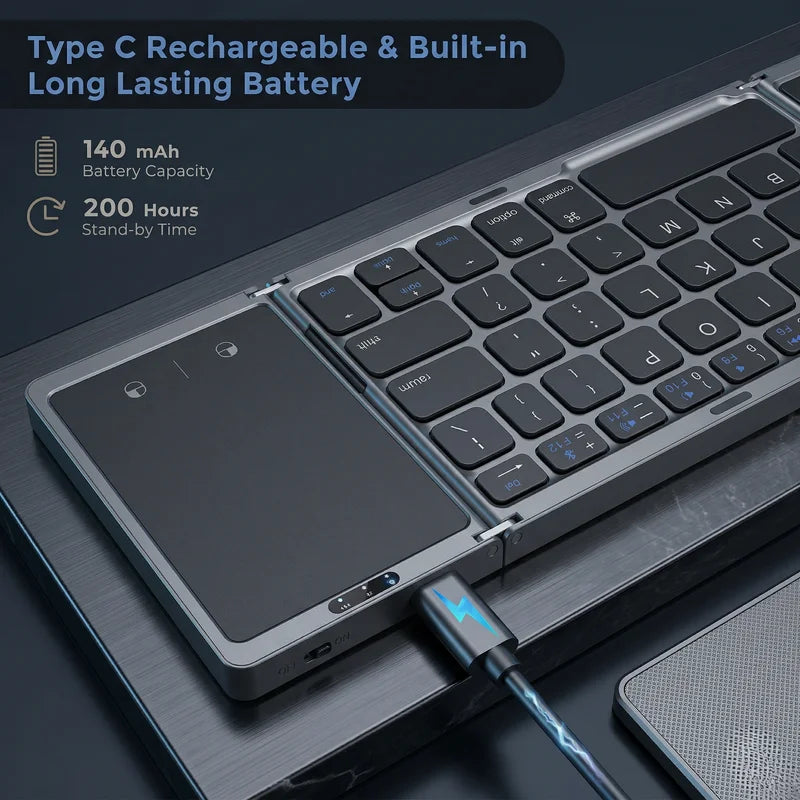 Keyboard with Type C rechargeable feature and long-lasting battery on a dark background