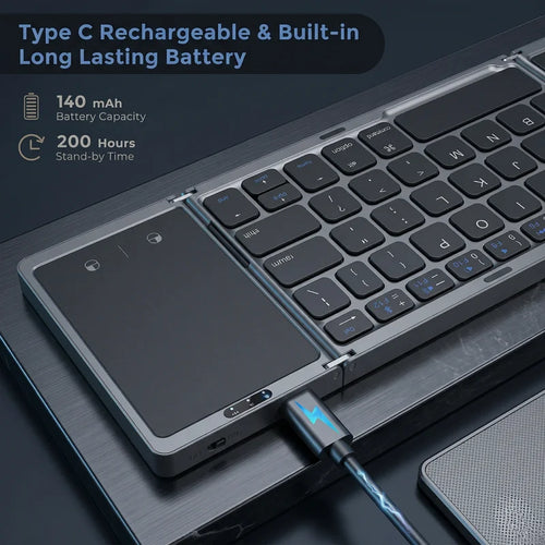 Keyboard with Type C rechargeable feature and long-lasting battery on a dark background
