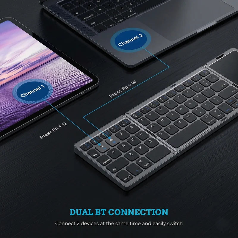Keyboard with dual Bluetooth connection feature displayed on a dark surface