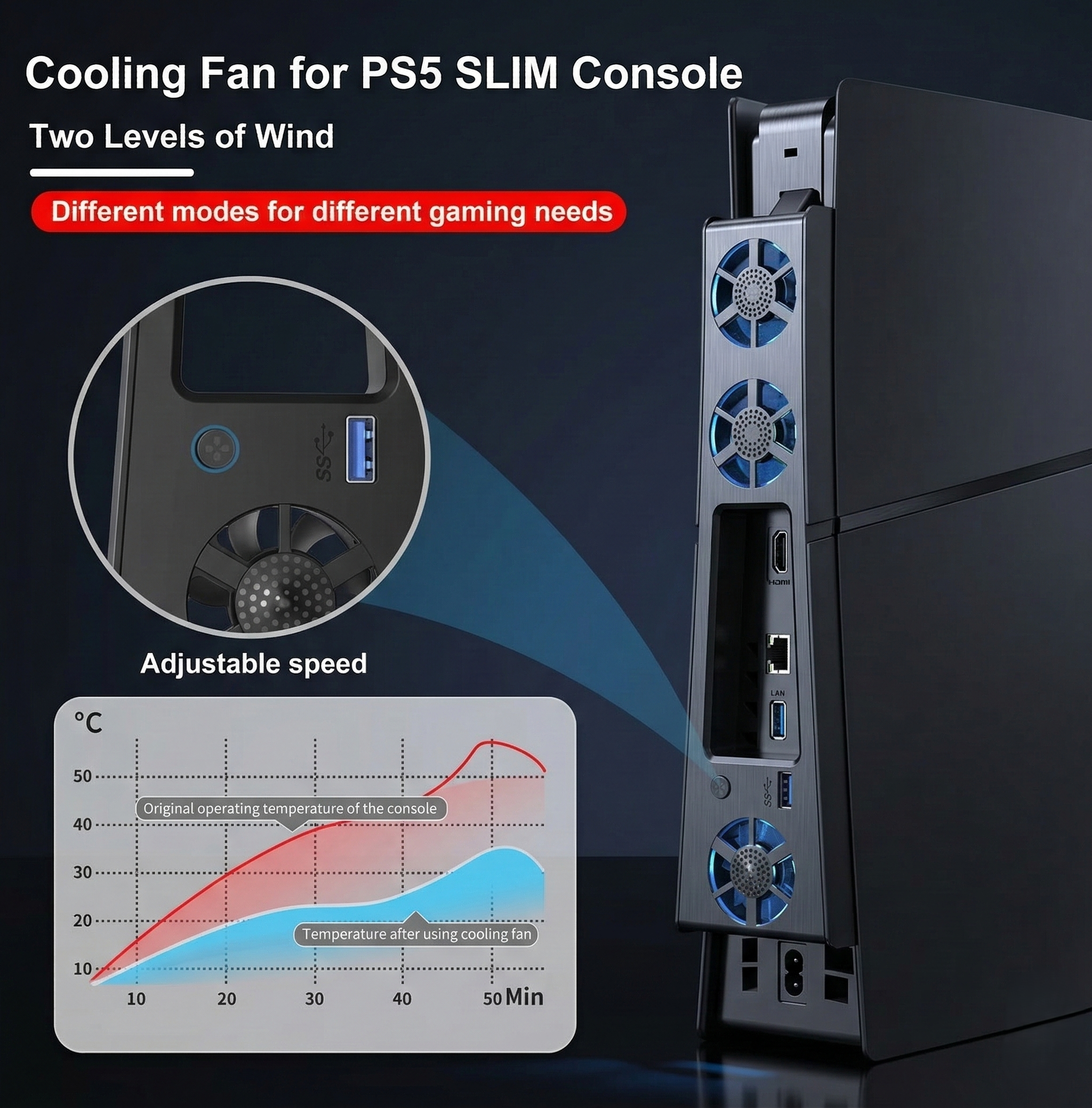 PS5 Slim Cooling Fan with LED Light & Noise Reduction