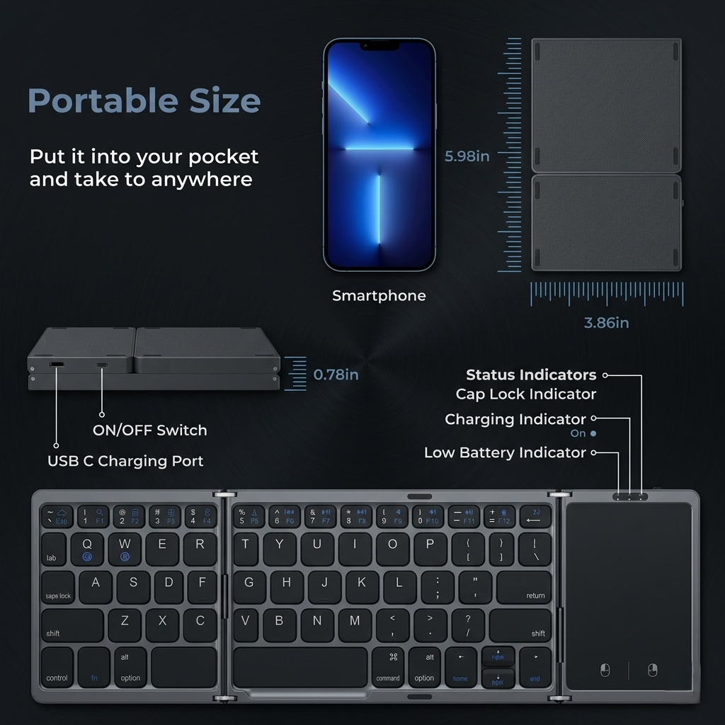 Foldable Wireless Bluetooth Keyboard for PC, Mac, Smartphone, Windows & iOS/Android