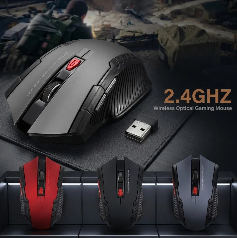 Gaming mouse with USB receiver and additional mouse designs on a dark background