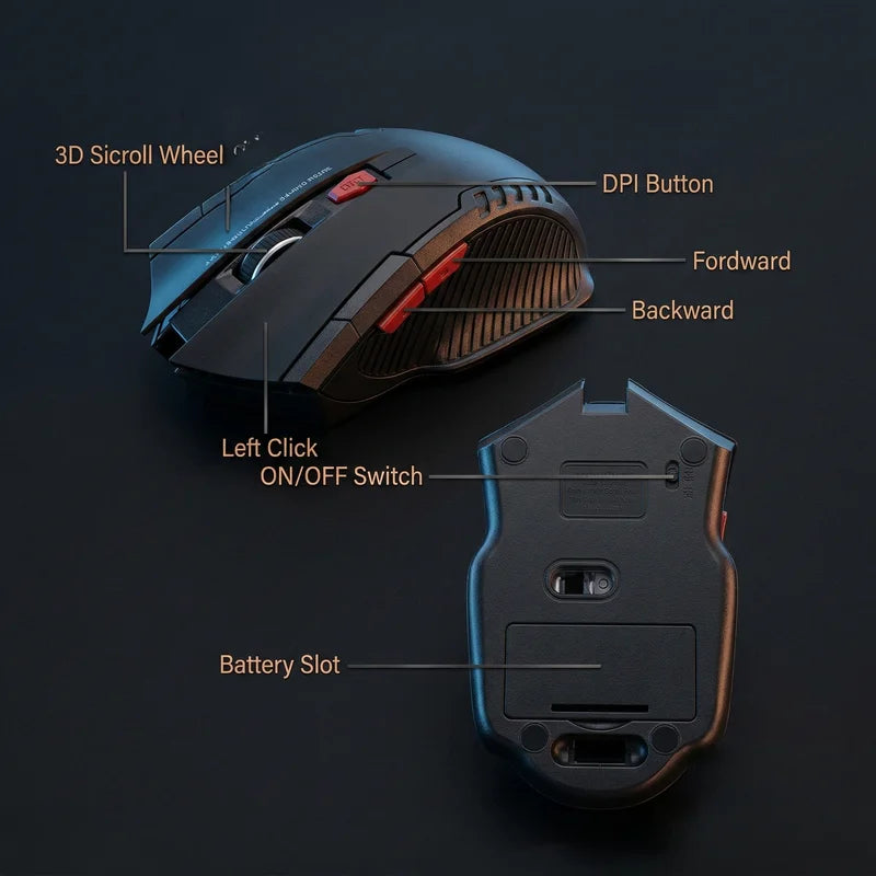 Gaming mouse with labeled parts on a dark background