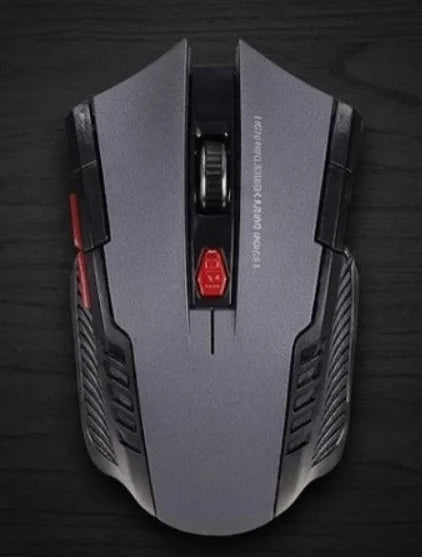 Gray gaming mouse with red accents on a dark surface