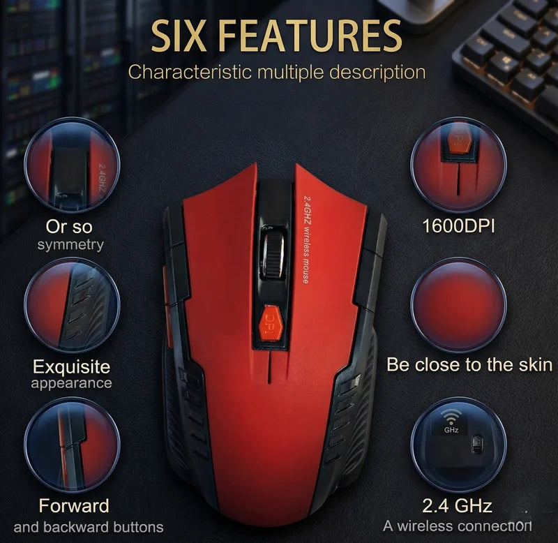 Red gaming mouse with six features highlighted on a dark surface