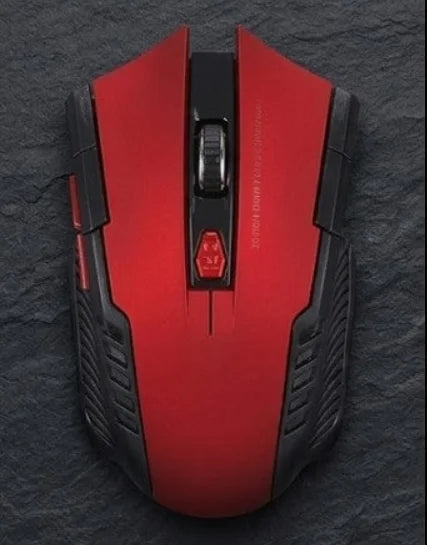 Red and black gaming mouse on a dark textured surface