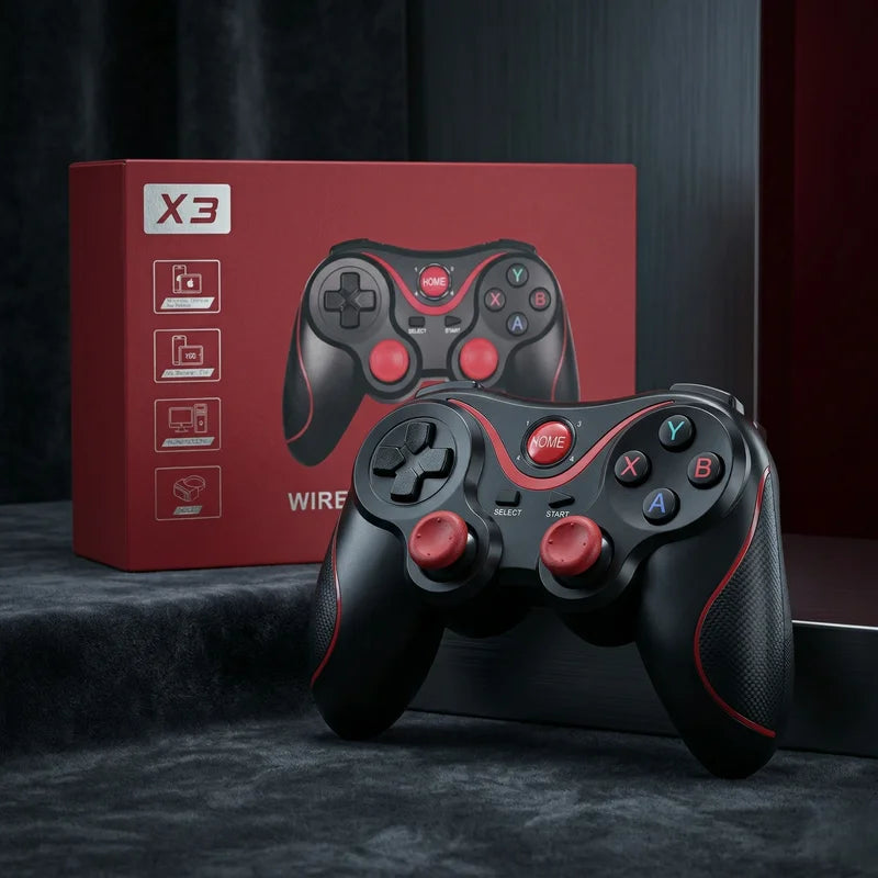Black and red gaming controllers with X3 packaging in the background