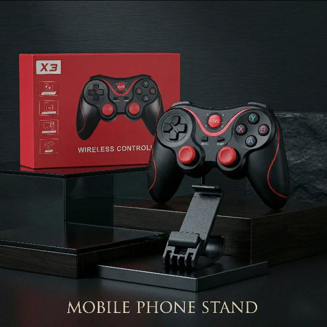 Black and red gaming controller on a stand with a red box labeled 'X3 Wireless Controller' in the background.