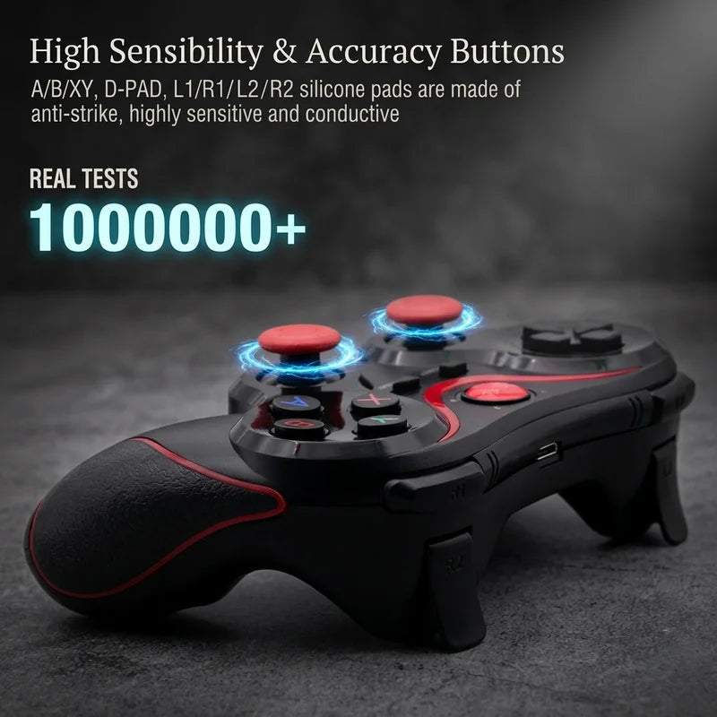 Black gaming controller with red buttons on a dark background