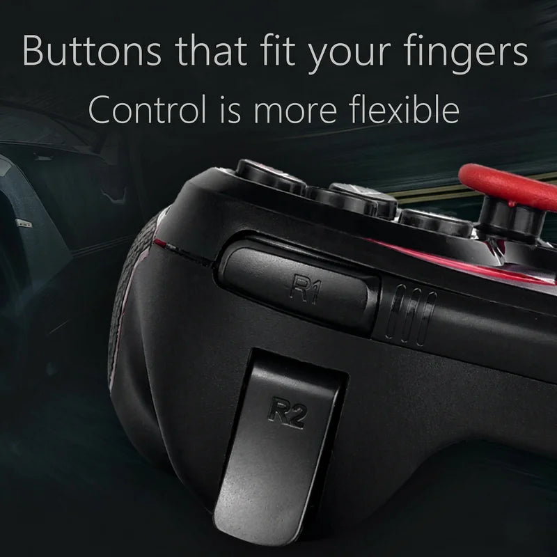 Close-up of a gaming controller with buttons labeled R1 and R2, on a dark background.