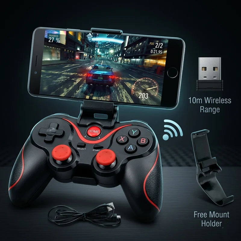 Game controller with smartphone mount displaying a racing game, with USB cable and free mount holder on a dark background.