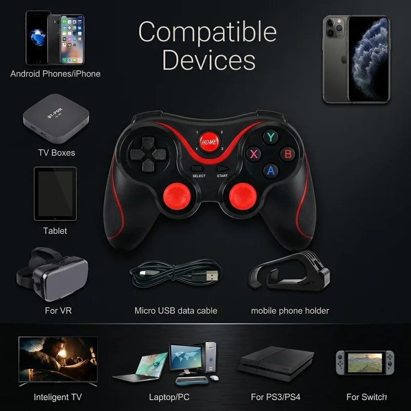 Black gaming controller with red buttons on a dark background, surrounded by compatible devices.