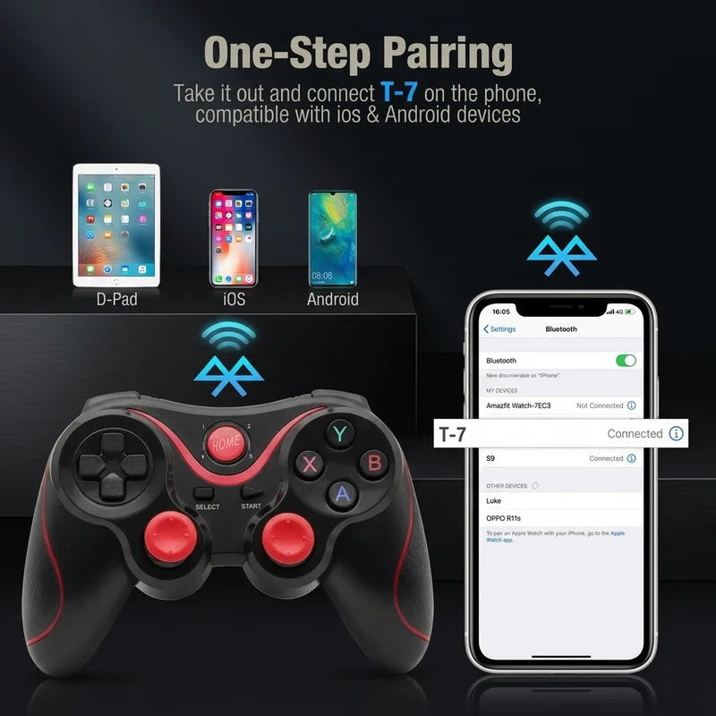 Bluetooth gaming controller with smartphone showing pairing interface on a dark background