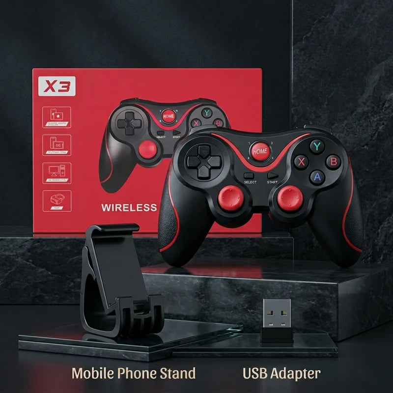 Two wireless gaming controllers with a phone stand and USB adapter on a dark surface, with X3 branding.